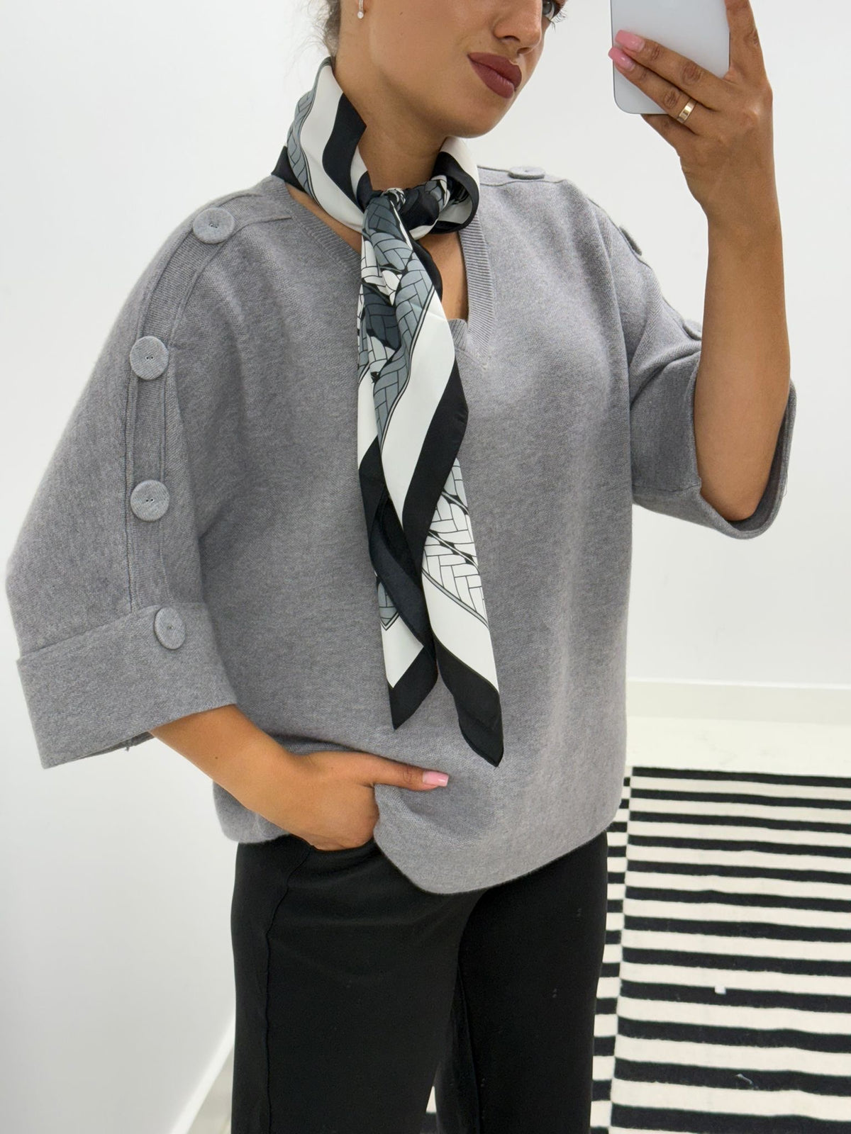 V Neck Button Knit - Grey