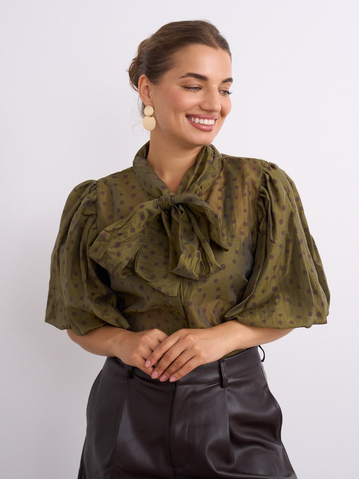 Spot Bow Blouse - Olive