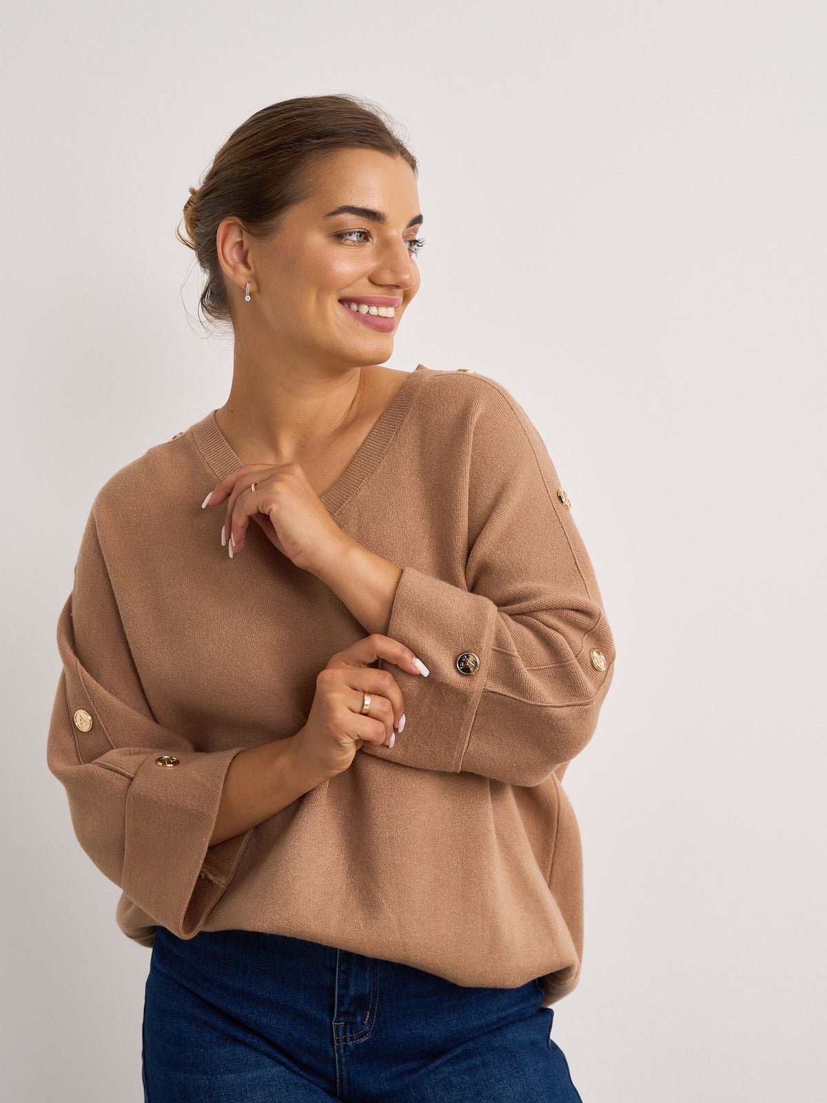V Neck Button Knit - Camel