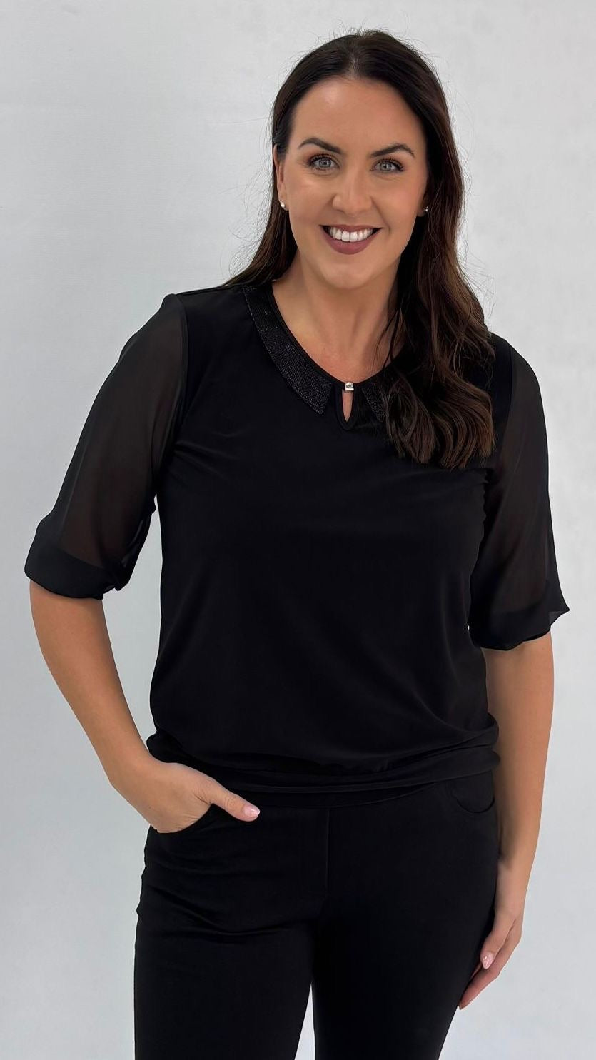 YEW Sequin Collar Top - Black