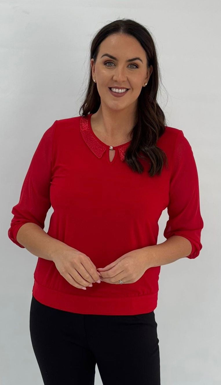 YEW Sequin Collar Top - Red
