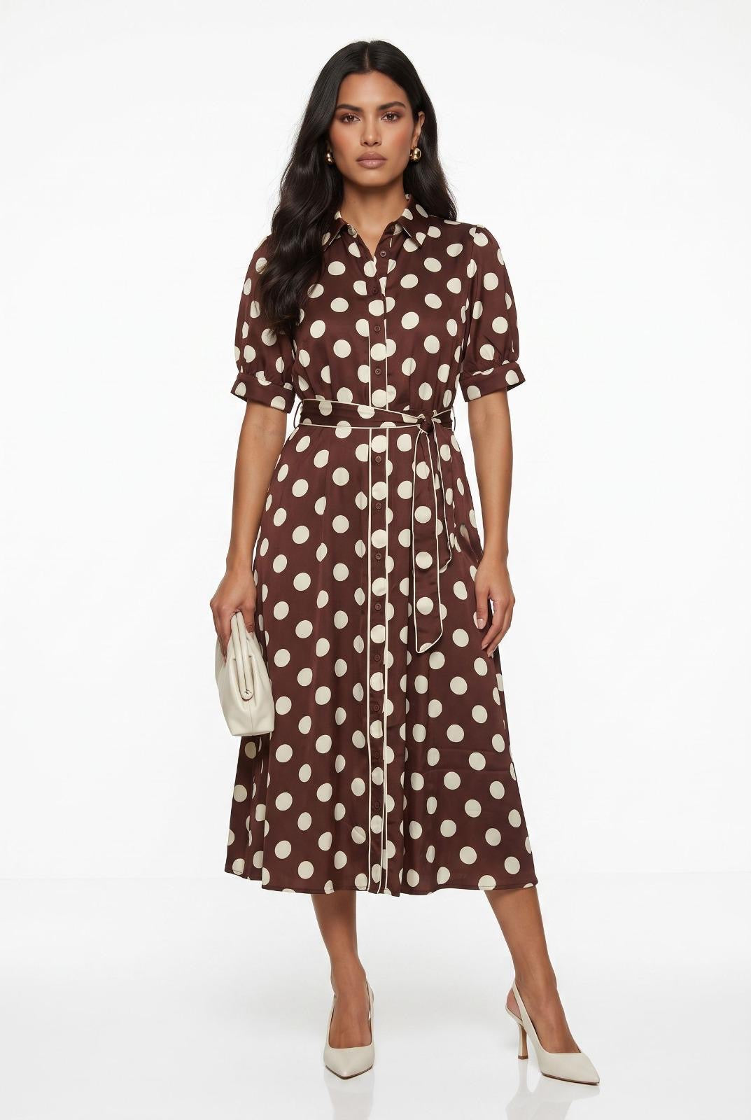 Spot Shirt Dress - Brown
