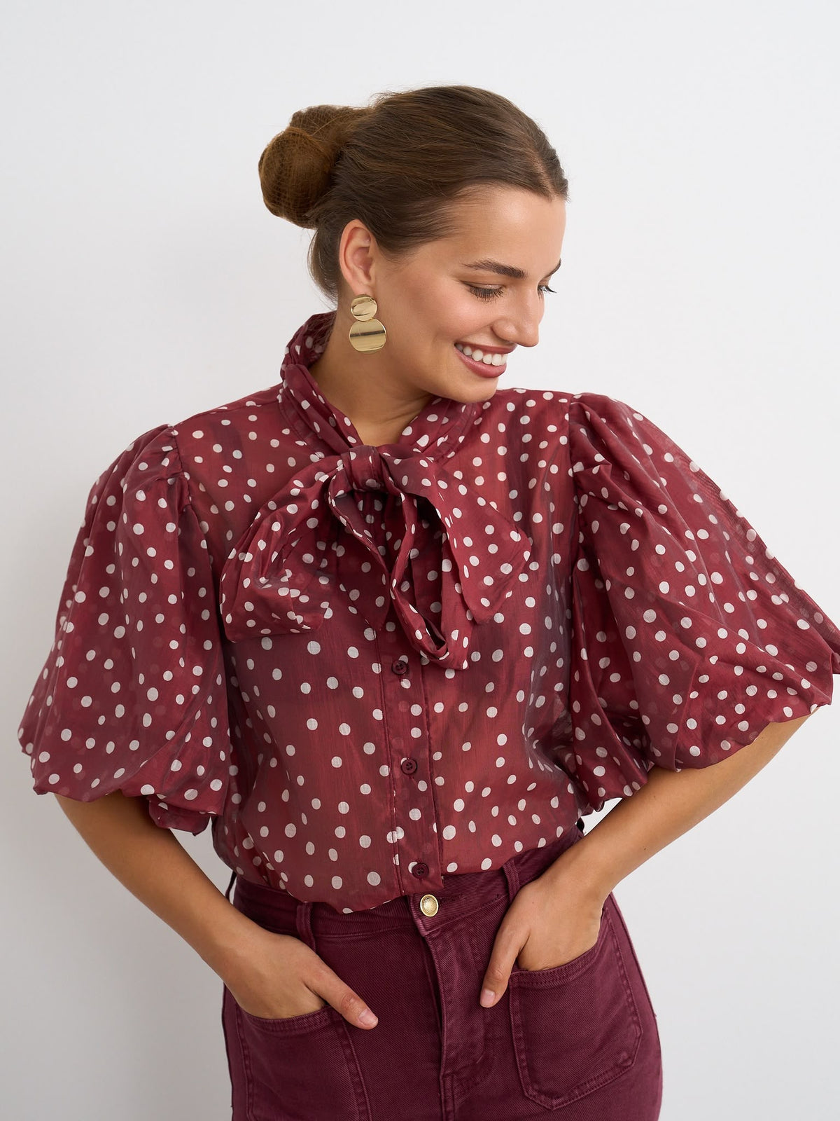 Spot Bow Blouse - Burgundy